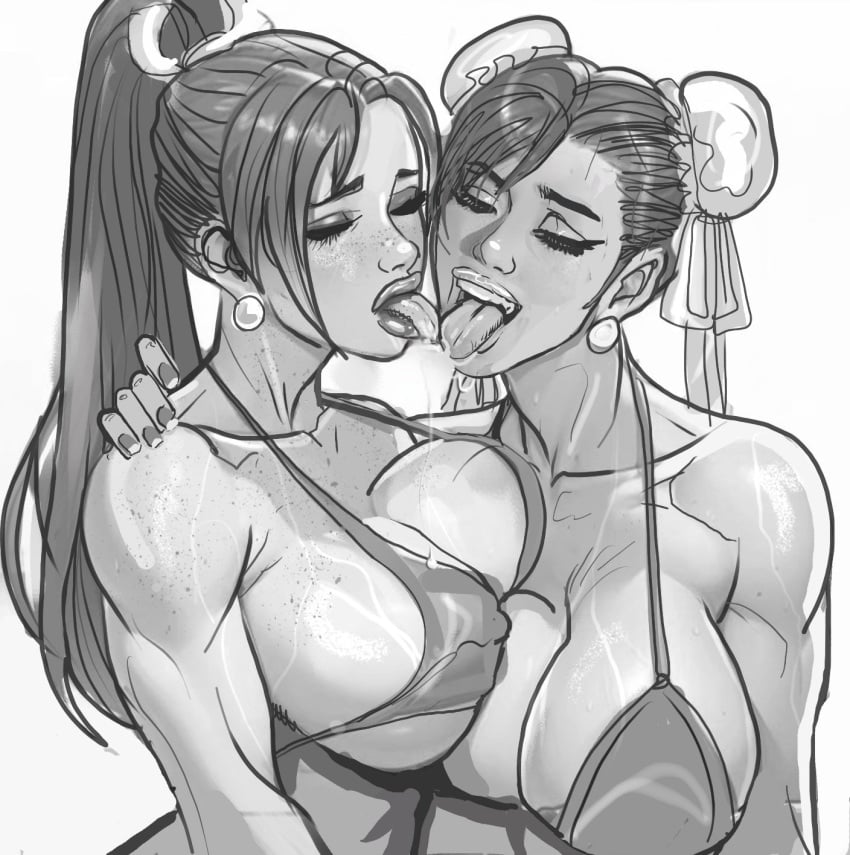 2girls big_breasts breasts capcom cedric_poulat chun-li female huge_breasts king_of_fighters kissing mai_shiranui snk street_fighter tongue tongue_out yuri