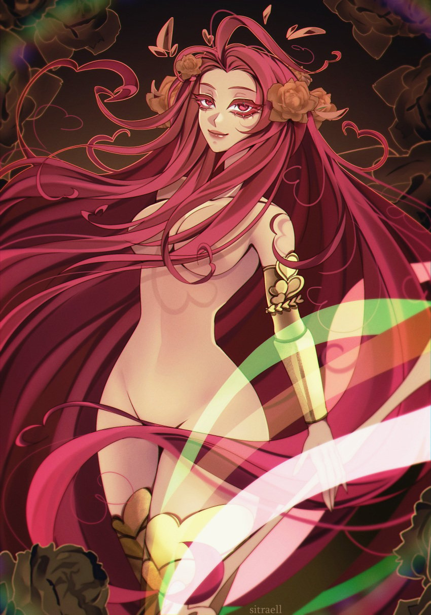 aphrodite aphrodite_(hades) bare_breasts bare_midriff bare_shoulders bracers breasts collar convenient_censoring covering_breasts covering_crotch flower_in_hair functionally_nude hades_(game) hades_2 hair_censor hair_over_breasts long_hair looking_at_viewer nude pink_eyes pink_hair sitraell smile thin_waist very_long_hair wide_hips