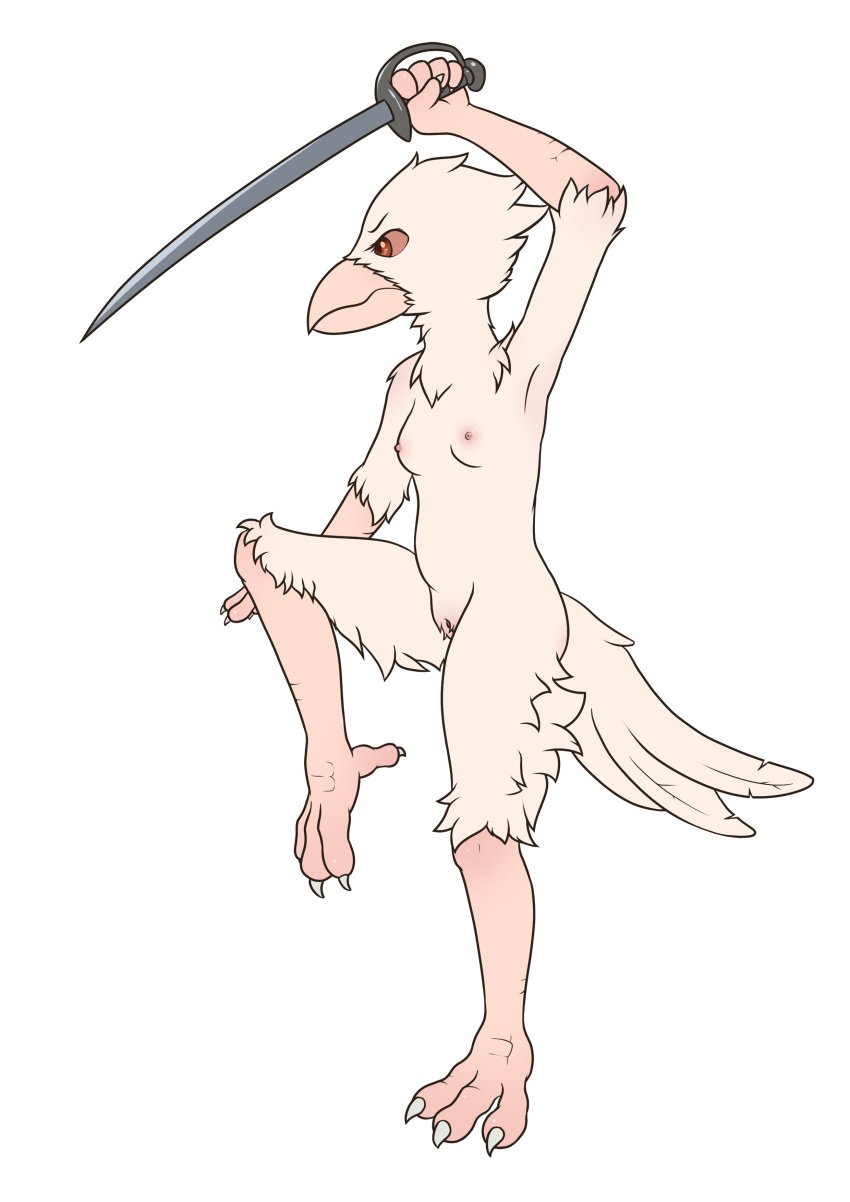 2024 absurd_res alpha_channel anthro avian avian_feet beak biped bird breasts feathers feet female fighting_pose genitals hi_res holding_melee_weapon holding_object holding_sword holding_weapon melee_weapon minum nipples on_one_leg pose pussy side_view small_breasts solo standing sword tail tail_feathers talons toes weapon white_body