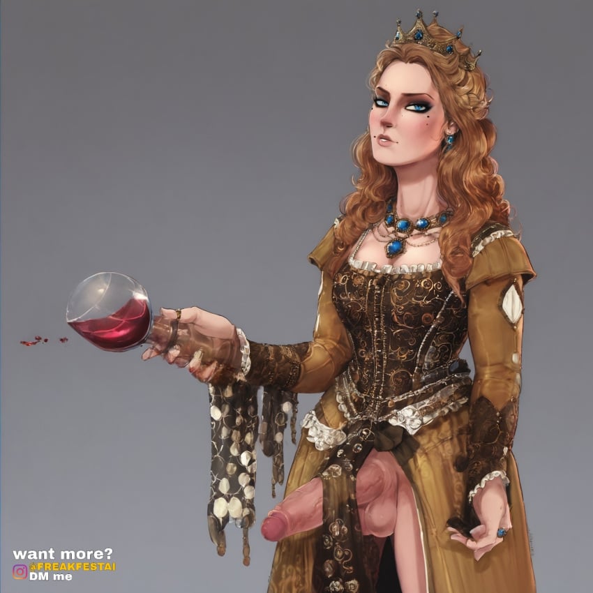 ai_generated anna_henrietta big_balls big_penis blonde_hair blue_eyes crown dress freakfestai futa_only futanari jewelry looking_at_viewer royalty shadman_(style) the_witcher_3:_wild_hunt torn_clothes torn_clothing torn_dress wine wine_glass