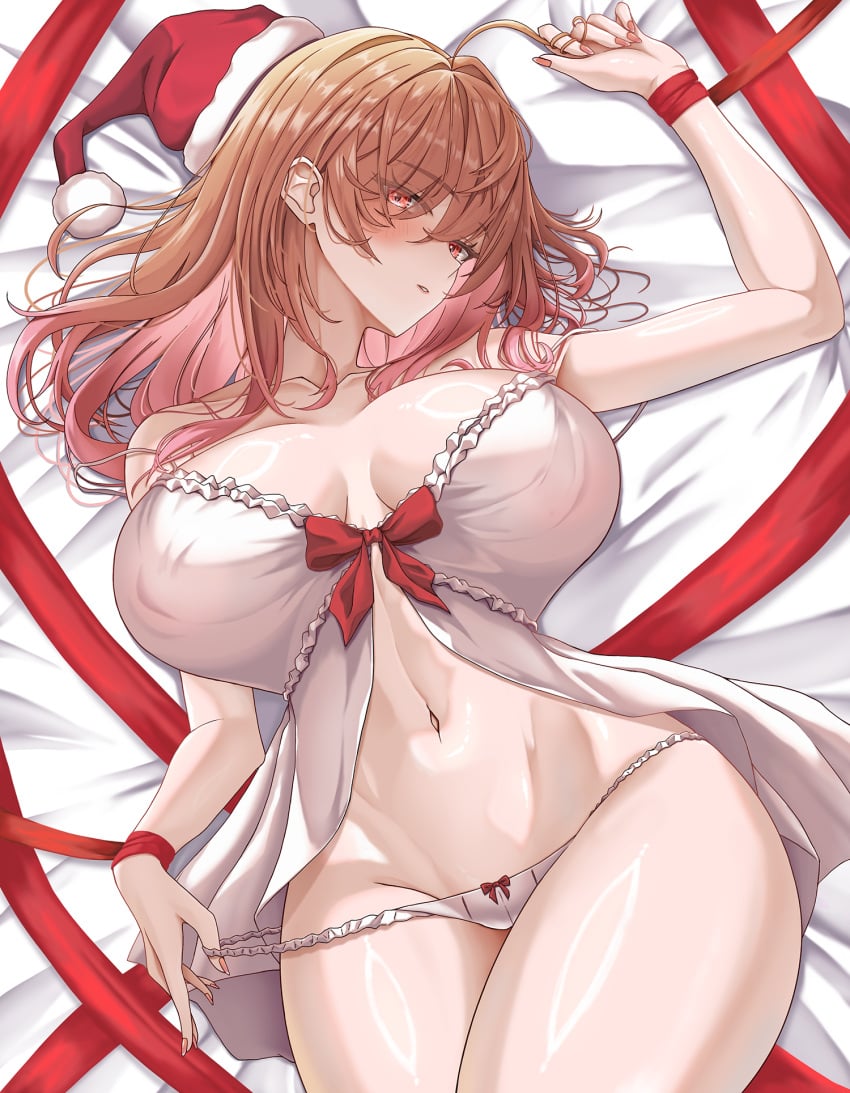 1girls bed big_breasts christmas cleavage female hi_res high_resolution highres hololive hololive_dev_is hololive_regloss ichijou_ririka kennedukennedy1 large_breasts lingerie long_hair looking_at_viewer lying lying_on_back lying_on_bed nipple_bulge orange_hair panties regloss santa_hat taking_off_panties thick_thighs virtual_youtuber voluptuous wide_hips