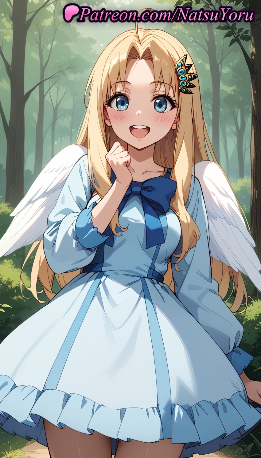 1girls :d ahoge ai_generated angel_wings anime anime_style bangs bird_wings blonde_hair blue_bow blue_bowtie blue_dress blue_eyes blush bow breasts bush bust busty collarbone copyright_name cowboy_shot dress feathered_wings female female_focus female_only filo forehead forest frilled_dress frills hair_intakes hair_ornament hand_up hentai long_hair long_sleeves looking_at_viewer medium_breasts natsuyoru nature open_mouth outdoors pantyhose parted_bangs puffy_sleeves shirt skirt smile solo solo_female tate_no_yuusha_no_nariagari teeth the_rising_of_the_shield_hero tree upper_teeth_only voluptuous voluptuous_female white_dress white_wings wings