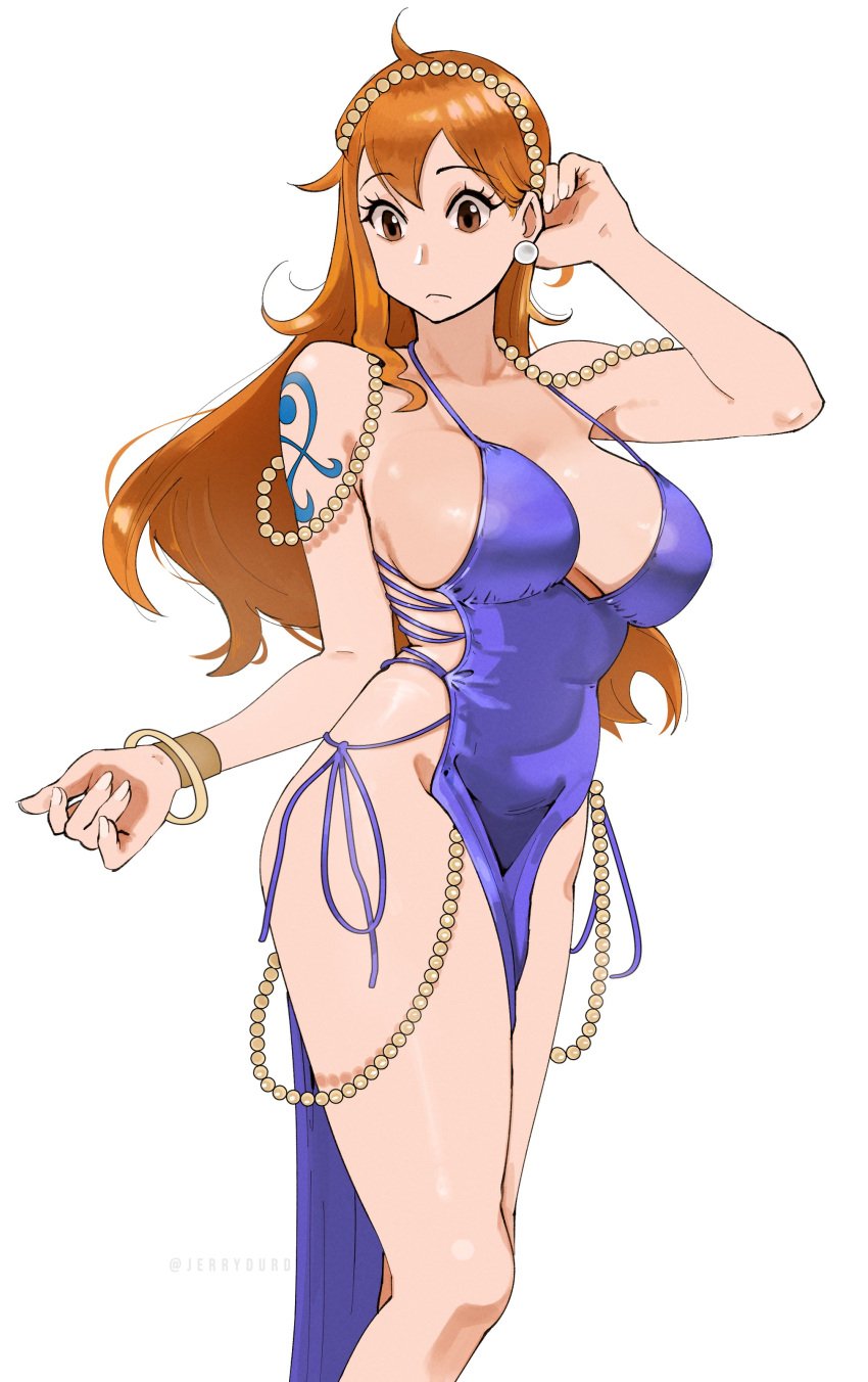 1girls big_breasts breasts busty cleavage curvy dress female female_only jerrydurd jewelry nami one_piece orange_hair post-timeskip purple_dress shoulder_tattoo shounen_jump skimpy skimpy_dress solo tattoo thick_thighs wide_hips