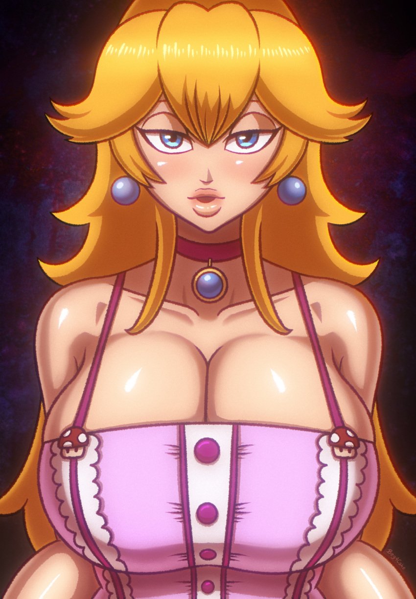 1girls alternate_breast_size bedroom_eyes beg4cake big_breasts blonde_female blonde_hair blue_eyes breasts buttoned_shirt buttons cleavage earrings female huge_breasts large_breasts lips mario_(series) nintendo overalls pink_dress pink_shirt princess_peach seductive_eyes shirt