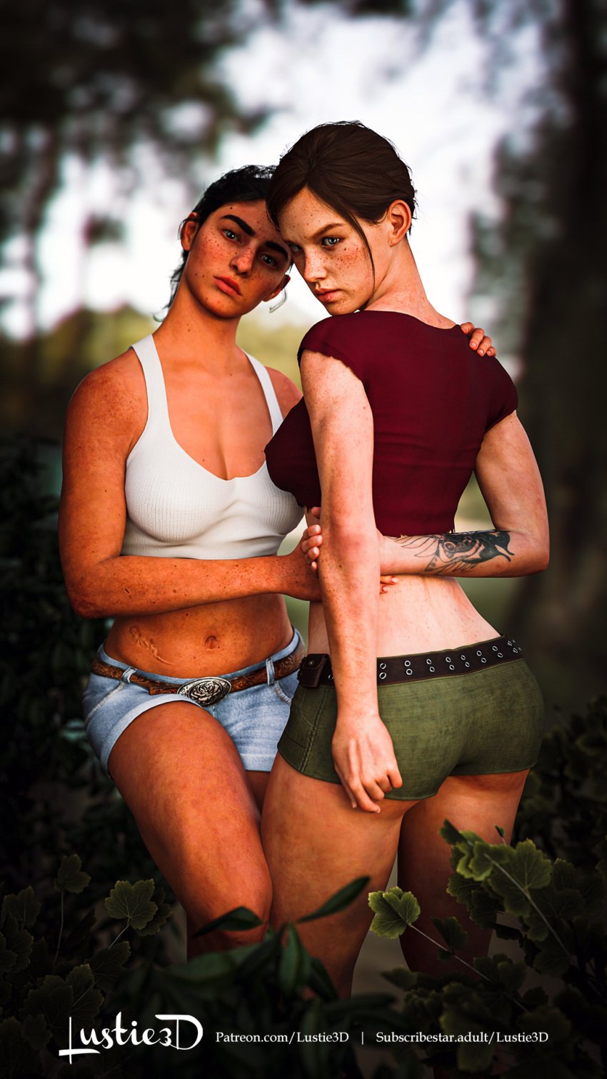 2girls 3d 3d_(artwork) alternate_version_available bare_arms bare_legs bare_midriff bare_shoulders bare_thighs belt belt_buckle brown_hair cleavage clothed clothed_female crop_top dina_(the_last_of_us) ellie_(the_last_of_us) ellie_williams female female_focus female_only freckles hi_res highres jean_shorts looking_at_viewer looking_back lustie3d medium_breasts midriff naughty_dog scar shirt short_hair shorts sony_interactive_entertainment tattoo tattoo_on_arm tattooed_arm the_last_of_us the_last_of_us_2 thick thick_thighs thighs tied_hair