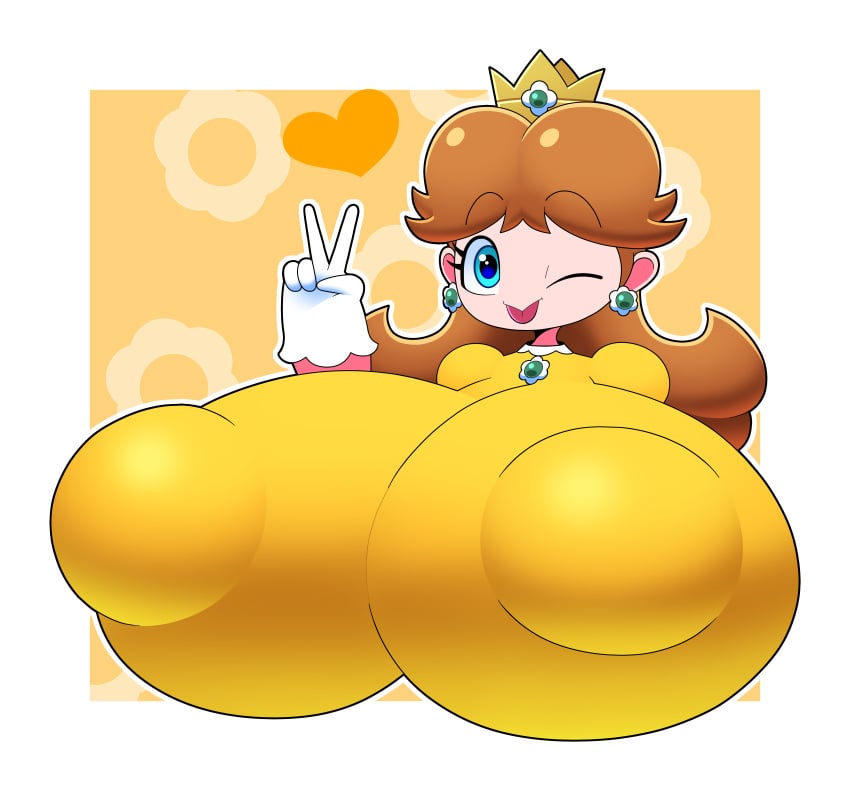 1girls enormous_breasts female female_only gigantic_breasts huge_breasts huge_nipples hyper hyper_breasts hyper_nipples looking_at_viewer mario_(series) massive_breasts metaskei nintendo one_eye_closed peace_sign princess_daisy solo tagme tongue v