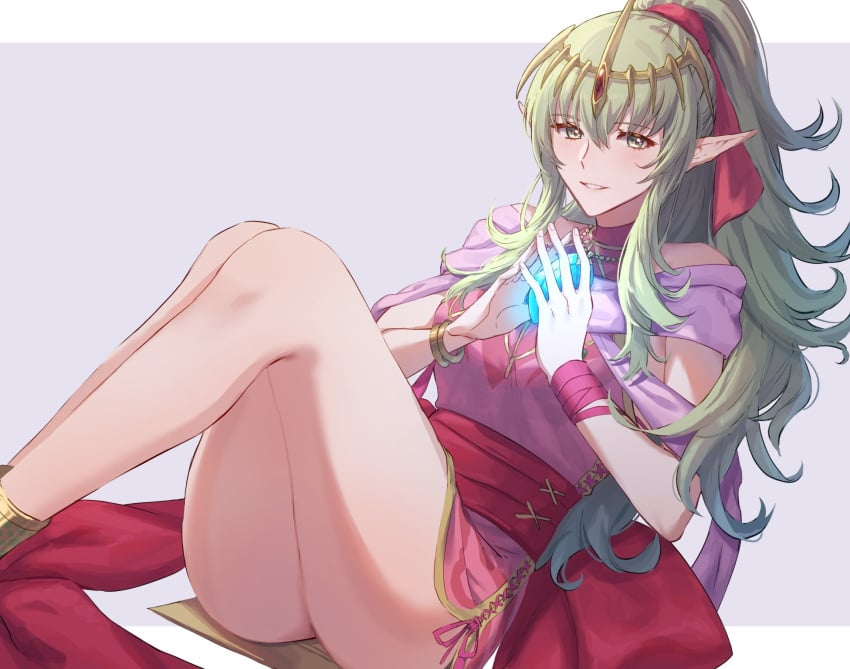 1girls alternate_costume ass bangs big_ass blush bracelet breasts commentary_request dress female female_only fingernails fire_emblem fire_emblem_awakening fire_emblem_heroes glowing green_eyes green_hair highres holding jewelry long_hair looking_at_viewer medium_breasts nintendo official_alternate_costume parted_lips pink_dress pointy_ears shiny shiny_hair short_dress simple_background sitting sleeveless smile solo stone thighs tiara tiki_(adult)_(fated_divinity)_(fire_emblem) tiki_(adult)_(fire_emblem) tiki_(fire_emblem) tiki_(young)_(fire_emblem) tiki_(young)_(fire_emblem)_(cosplay) tomo_shirasu