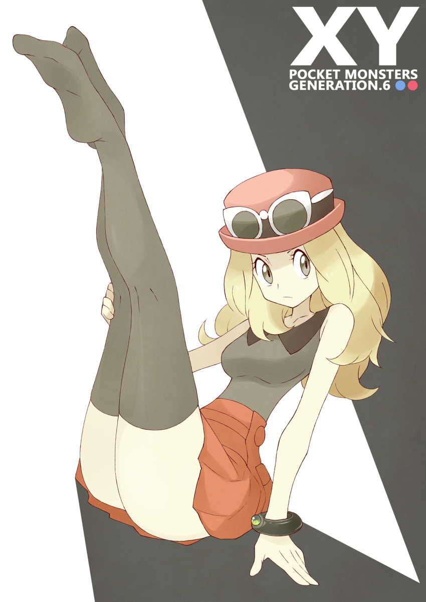 1girls arm_support ass blonde_hair breasts eyewear_on_head eyewear_on_headwear female female_only hat legs legs_up looking_to_the_side nintendo pokemon pokemon_xy serena_(pokemon) serena_(pokemon_games) shigino_sohuzi sleeveless sleeveless_shirt solo solo_female stockings sunglasses sunglasses_on_head text thighhighs