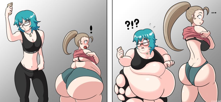 ass_cleavage attribute_swap big_ass big_belly big_breasts blue_hair bra brown_hair butt_crack glasses lewdsmith light-skinned_female necklace overweight overweight_female panties ripped_clothing selfie shocked short_female shortstack smartphone tall_female undressing weight_gain weight_loss