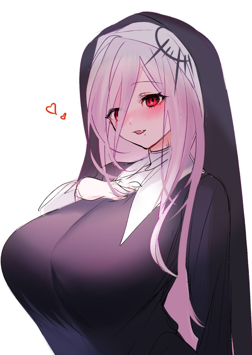 1girls arm_under_breasts beauty_mark big_breasts blush blushing breasts busty cross curvaceous curves curvy curvy_female fang female female_only hand_on_breast huge_breasts kurokuroooi large_breasts mole mole_under_mouth mouth_open nun nun's_habit nun_habit nun_hat nun_outfit red_eyes short_hair silver_hair smile smiling tagme white_background white_hair