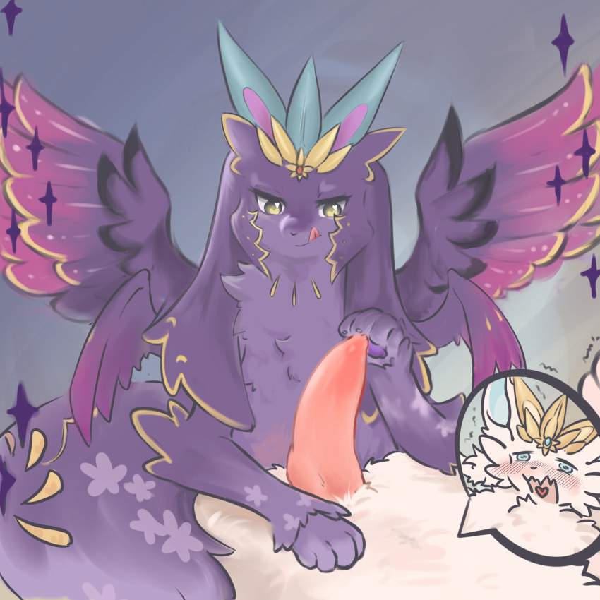 1:1 ambiguous_gender blue_eyes blush duel_monster duo expurery_happiness expurery_noir feral fur genitals heart hi_res male navi_(artist) open_mouth pawpads paws penis purple_body purple_fur purple_wings tongue tongue_out white_body white_fur white_wings wings yellow_eyes yu-gi-oh!