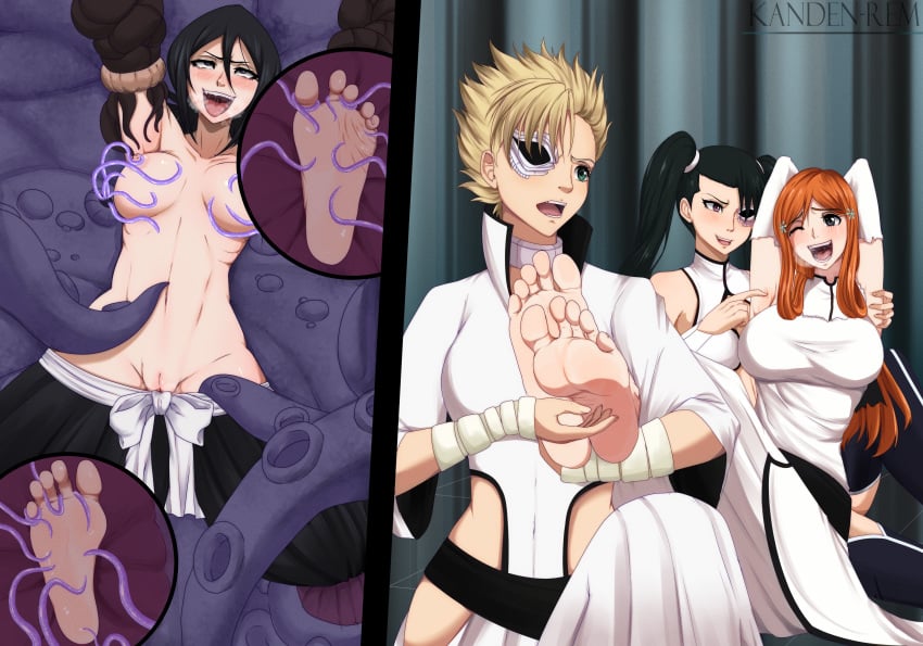 1monster 4girls aaroniero_arruruerie almost_naked arms_up barefoot barely_clothed black_eyes black_hair bleach crying crying_laughing crying_with_eyes_open dress duo duo_focus eyepatch feet female female_focus fetish fff fff_threesome foot_fetish fully_clothed green_eyes hakama hakama_skirt hollow human immobile innie_pussy inoue_orihime interspecies kandenrem kuchiki_rukia laughing legs_together loly_aivirrne long_hair menoly_mallia mostly_nude multiple_females multiple_girls no_bra no_panties one_eye_closed orange_hair partially_clothed petite petite_body purple_eyes pussy rape restrained revealing_clothes shinigami short_hair shounen_jump sitting sitting_on_lap sitting_on_person skirt skirt_down soles split_screen tears tentacle tentacle_monster tentacle_rape tentacle_sex threesome tickle_fetish tickle_torture tickling tickling_armpits tickling_feet toes undressing undressing_another undressing_partner vagina voluptuous