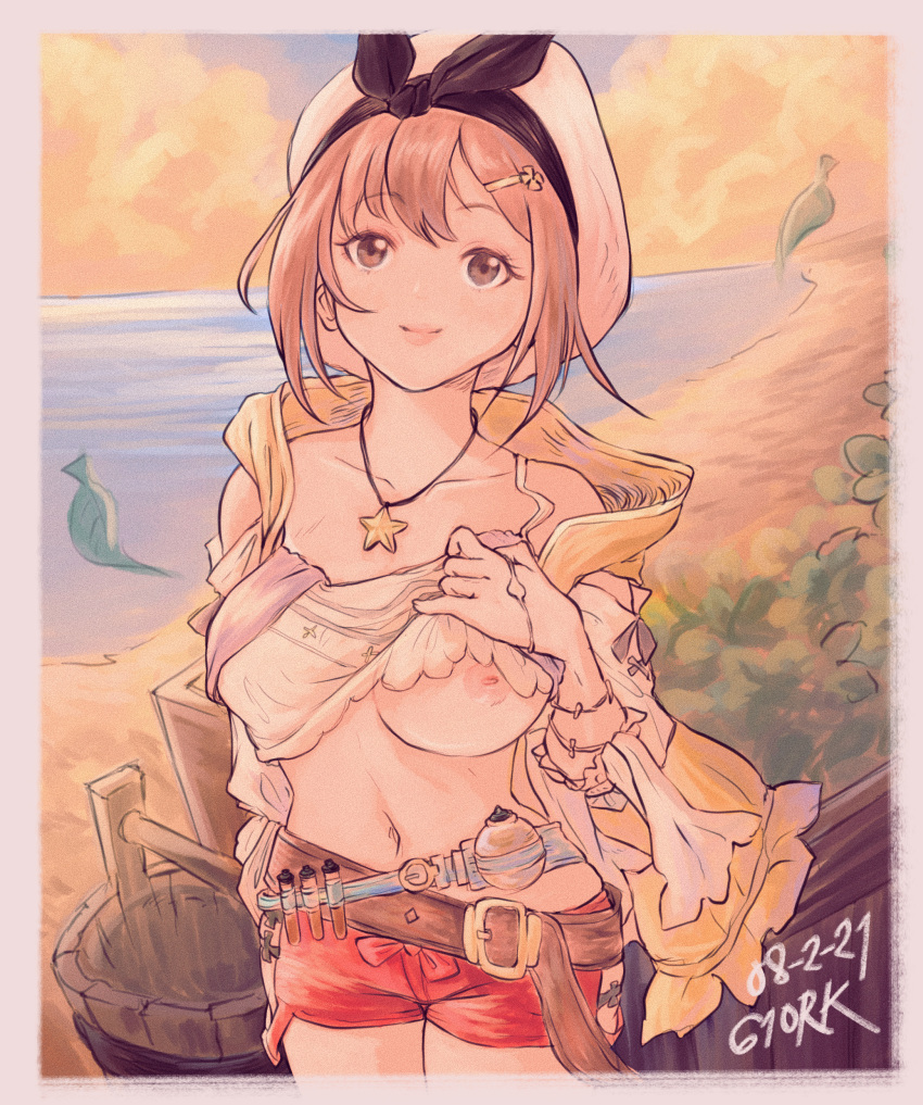 artist_signature atelier_(series) atelier_ryza beach black_bow breasts brown_eyes brown_hair clothed flashing_breasts gusty10rk hat navel necklace nipple_slip nipples one_breast_out reisalin_stout short_hair short_shorts smile