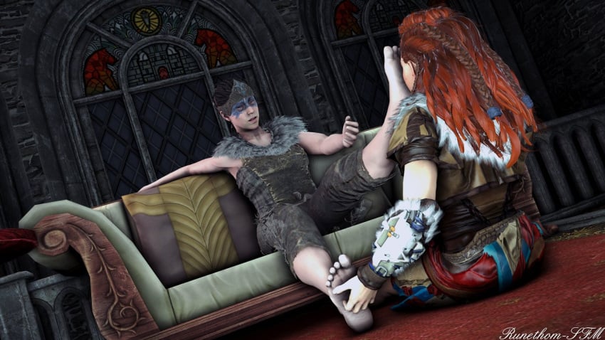 2girls 3d aloy barefoot clothed clothing couch feet female female_only foot_fetish foot_lick foot_worship hellblade horizon_zero_dawn light-skinned_female on_floor runethom-sfm senua soles submissive tickling tickling_feet