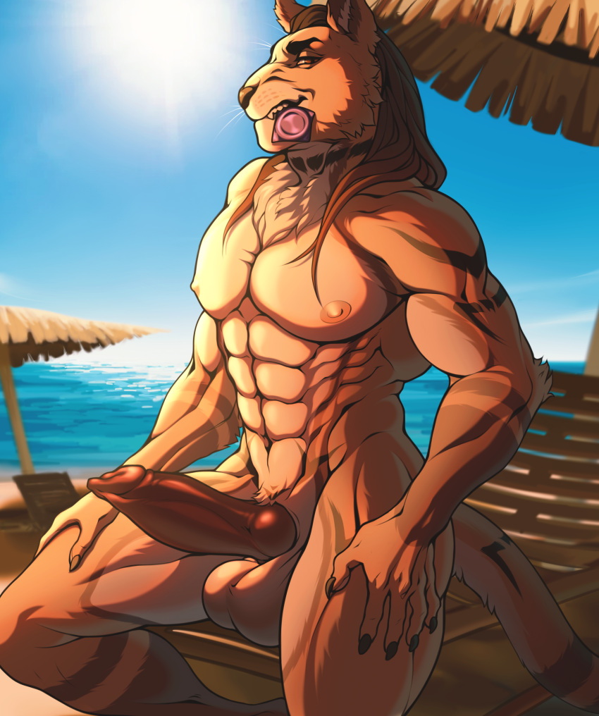 abs absurd_res anthro balls beach big_balls big_penis caracal_(genus) claws dioni5 felid feline genitals hair hi_res long_hair male mammal muscular mutagen_(character) paws penis pinup pose seaside solo summer