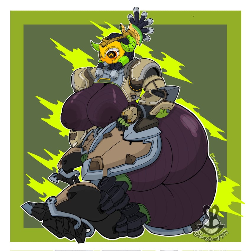 2d african african_female ass blizzard_entertainment breasts christomwow full_body hair hair_ornament horn laying_down orisa overwatch overwatch_2 robot smile yellow_eyes
