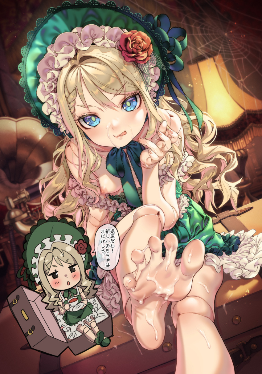 :o :q bare_shoulders blonde_female blonde_hair blue_eyes blush bonnet braid braided_bangs breasts chibi chibi_inset cum cum_on_body cum_on_face cum_on_feet cup doll doll_joints dress facial feet female flower foot_focus foot_out_of_frame frilled_bonnet frilled_dress frills green_dress green_pupils green_ribbons highres joints kink_(tortoiseshell) lamp licking_lips lolita_fashion long_hair looking_at_viewer multiple_views neck_ribbon off_shoulder original partially_nude phonograph ribbon saucer silk sitting small_breasts smile soles solo speech_bubble spider_web suitcase teacup toes tongue tongue_out towako_(akane_shinsha) translation_request wavy_hair