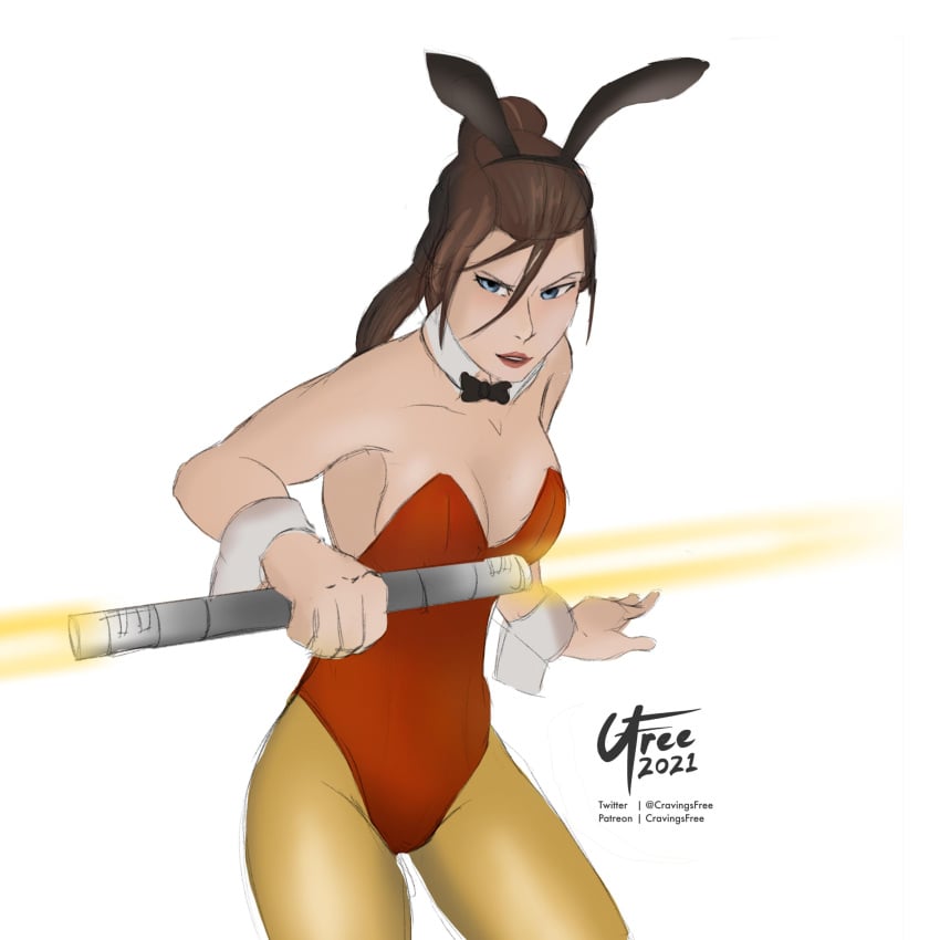 animal_ears bastila_shan bow bowtie bunny_ears cleavage clothed cravingsfree fully_clothed holding_object holding_sword holding_weapon jedi melee_weapon pinup playboy_bunny pose sideboob standing star_wars sword weapon yellow_lightsaber