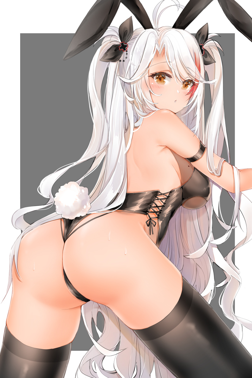 1girls absurdres animal_ears antenna_hair arm_strap ass azur_lane back bangs bare_shoulders black_legwear black_leotard blush breasts brown_eyes bunny_ears bunny_tail bunnysuit cross-laced_clothes cross-laced_cutout fake_animal_ears fake_tail female highres iron_blood_(azur_lane) large_breasts leotard long_hair looking_at_viewer looking_back mole mole_on_breast multicolored_hair open_mouth prinz_eugen_(azur_lane) red_hair sideboob sideless_outfit silver_hair solo streaked_hair swept_bangs tail thighhighs two_side_up very_long_hair yukineko1018