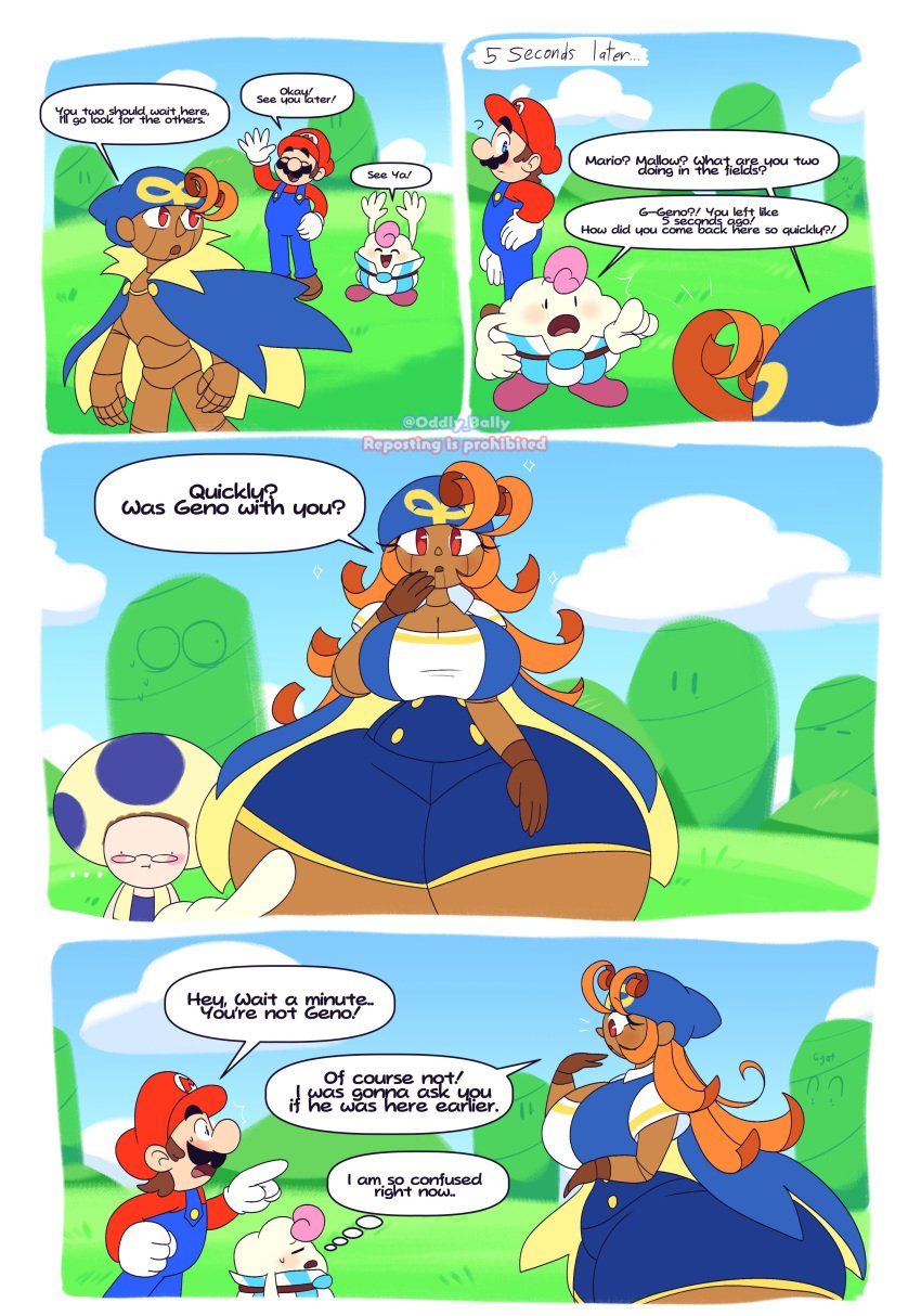 4boys ass_bigger_than_head ass_focus big_ass big_breasts boob_window clothed comic female geno_(mario) hint_toad huge_ass hyper_ass mario mario_(series) nintendo oddly_bally super_mario_rpg toad_(mario)