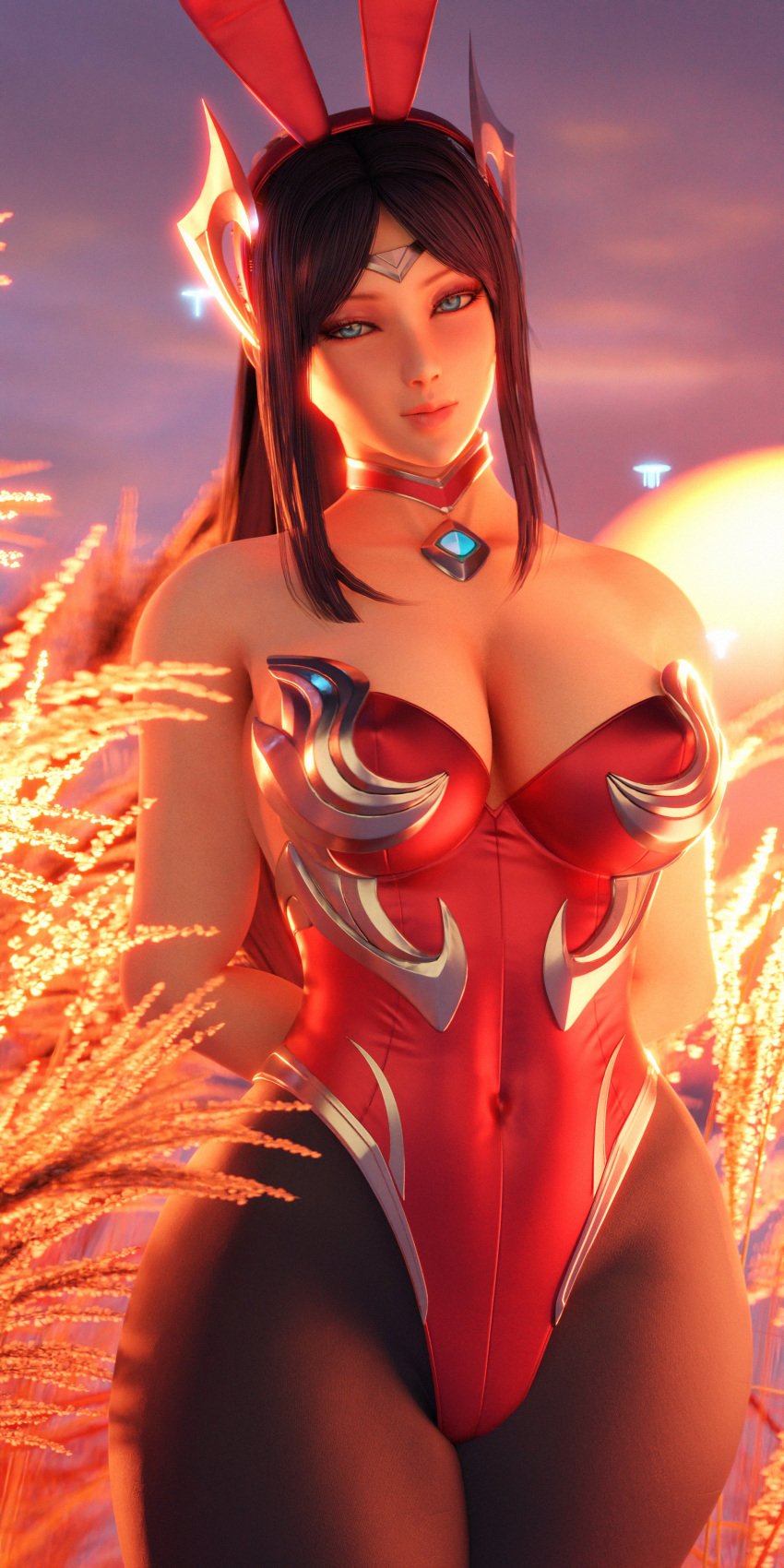 1girls 3d bare_arms big_breasts black_hair blue_eyes breasts bunny_ears child_bearing_hips cleavage female female_only highleg highleg_leotard highres irelia_xan ireliabubblebutt league_of_legends league_of_legends:_wild_rift light-skinned_female light_skin midriff navel_outline necklace ponytail smile solo strapless_leotard thick_thighs tight_clothing tights wide_hips