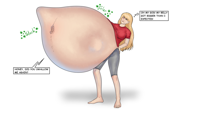 2020 blonde_hair dialogue encyclicalapex female same_size_vore slosh sloshing_belly speech_bubble stomach_bulge text transparent_background vore