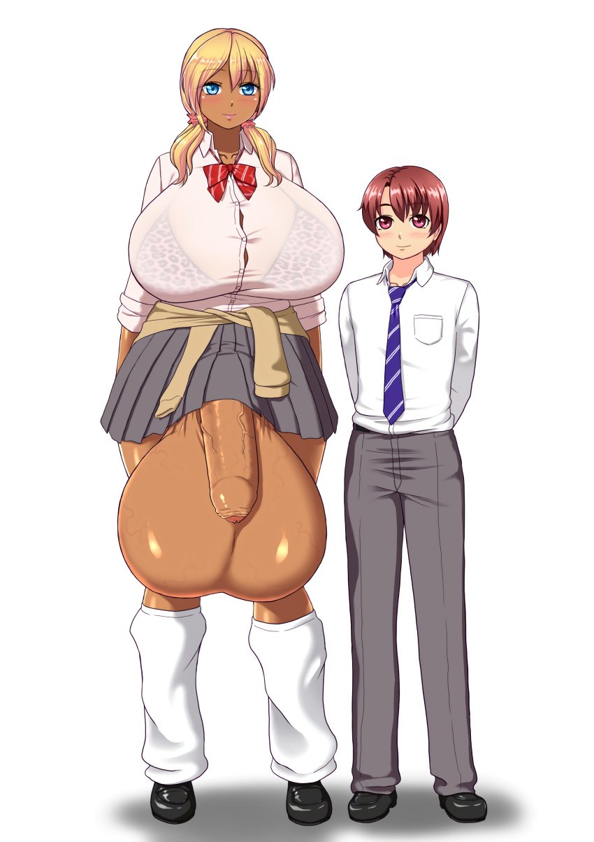 1boy 1futa balls balls_bigger_than_ass balls_bigger_than_body balls_bigger_than_breasts balls_bigger_than_head balls_in_panties balls_to_knees big_breasts blonde_hair blue_eyes blush bottomless breasts breasts_bigger_than_head brown_hair bursting_breasts busty casual casual_exposure casual_nudity clothed clothing dark-skinned_futanari dark_skin duo enormous_breasts flaccid full_body fully_clothed futa_with_male futanari ganguro gigantic_breasts gyaru huge_breasts huge_cock human hyper hyper_balls hyper_penis intersex kinoko light-skinned_male light_skin long_hair looking_at_viewer male male_with_futa massive_breasts mostly_clothed oversized_balls penis penis_out penis_under_skirt pink_eyes short_hair skirt smile sock_on_penis standing tall_futa taller_futanari testicles thong tie twintails veiny_penis visible_underwear voluptuous