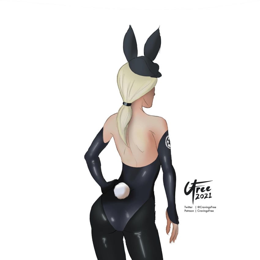 animal_ears animal_tail armwear black_clothing bunny_ears bunny_tail cravingsfree galactic_empire_insignia imperial_cap imperial_officer juno_eclipse latex peaked_cap pinup playboy_bunny pose star_wars text