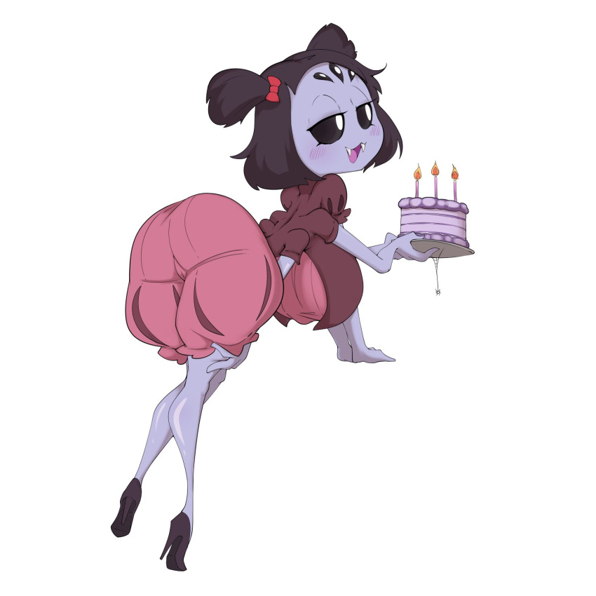 1girls 2d 5_eyes :3 ass ass_focus big_ass big_breasts black_hair black_sclera blush_lines boobs breasts bubble_butt cake fangs female female_focus female_only heels huge_ass huge_breasts mossyartburger muffet pigtails purple_skin red_bow short_hair solo solo_female solo_focus spider tagme undertale undertale_(series) white_pupils