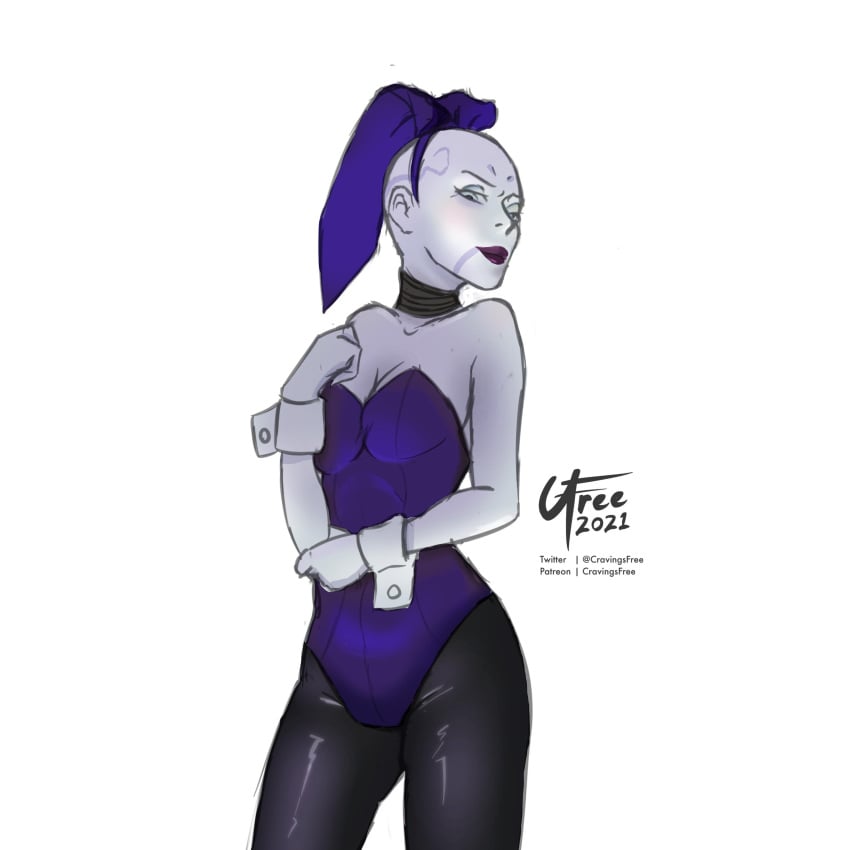 alien alien_girl animal_ears arm_up armwear asajj_ventress bald bunny_ears cleavage clone_wars clothed clothed_female clothing cravingsfree dathomiri facial_tattoo female female_only fully_clothed humanoid light-skinned_female light_skin pantyhose pinup playboy_bunny pose sith standing star_wars tattoo violet_clothing white_body