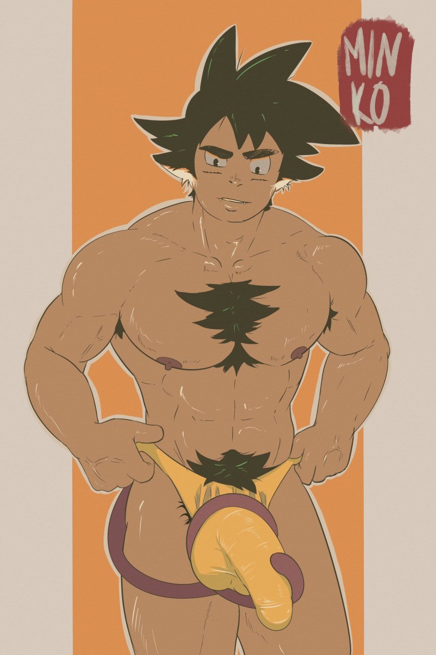 balls big_balls big_penis black_hair boner bulge dragon_ball dragon_ball_z erection gay male male_only minkoni2 muscles muscular penis saiyan saiyan_tail solo solo_male son_goku tail thong