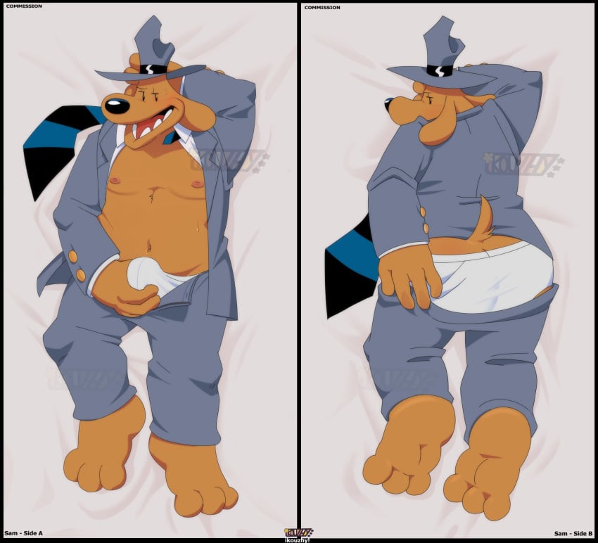 anthro bulge canid canine canis clothing dakimakura dakimakura_design domestic_dog hi_res ikouzhy lying male mammal presenting sam_and_max samuel_dog solo suggestive_look underwear