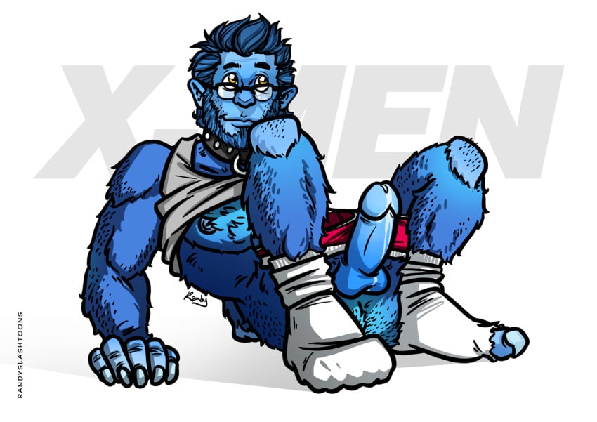 1boy anthro bara beast_(x-men) blue_fur blue_hair blue_skin blue_skinned_male claws collar fur furry furry_male glasses hairy_armpits hairy_arms hairy_body hairy_chest hairy_legs hairy_male hairy_pubes hairy_stomach hairy_thighs hank_mccoy leaking_cum male male_only marvel penis_out presenting randyslashtoons scientist sock_hole socks solo solo_male t-shirt underwear x-men