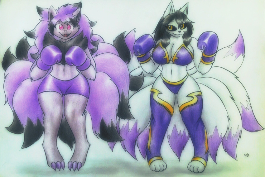 2girls anthro barefoot big_breasts big_ears bikini black_fur black_hair boxing boxing_gloves bra breasts clawed_toes cleavage clothing duo eyebrows_visible_through_hair female female_only furry gloves hair_between_eyes long_hair looking_at_viewer multiple_tails ninetales nintendo open_mouth open_toe_stockings open_toe_thighhighs panties pink_eyes pokémon_(species) pokemon pokemon_(species) purple_boxing_gloves purple_gloves purple_hair purple_shorts shorts stockings tail the_k9_team thick thick_hips thick_tail thick_thighs thighhighs violet_bikini violet_boxing_gloves violet_bra violet_gloves violet_panties white_background yellow_eyes zoroark