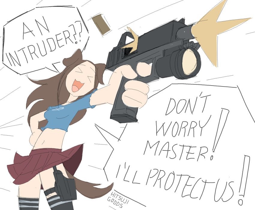 1girls black_stockings blue_shirt brown_hair canine_humanoid cartoony crop_top cute dog_ears dog_girl dog_tail female female_anthro firearm fluffy fluffy_tail glock goes_hard gun gun_holster gunfire hitsujigoods long_hair master modified_gun navel pantyshot petite red_skirt shooting short_skirt sketch solo thighhighs trans_woman transfem twitter_user_oc uwu vhs_doggy violence white_skin