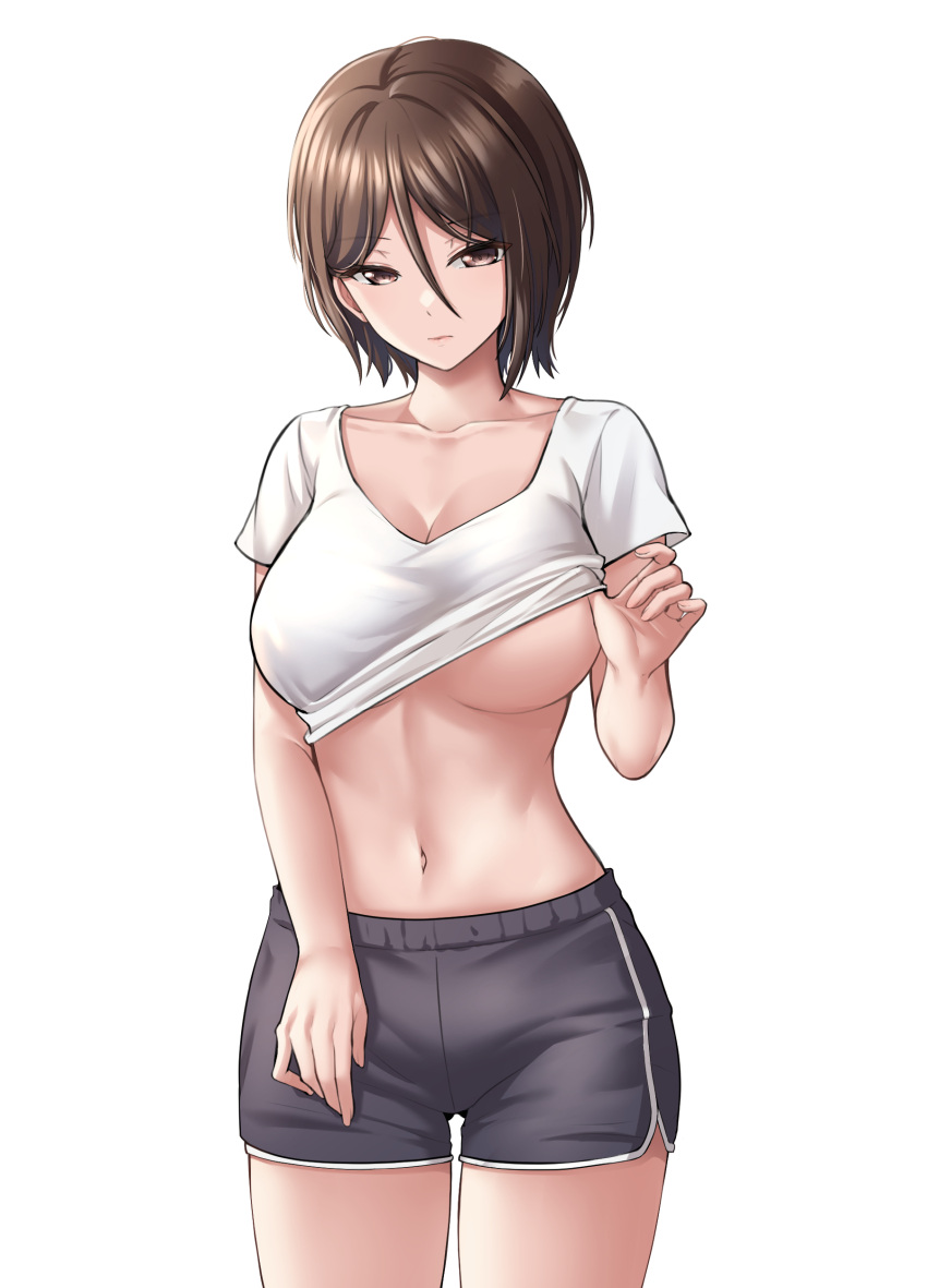 absurdres bang_dream! bangs black_shorts breasts brown_eyes brown_hair cleavage closed_mouth clothes_lift collarbone commentary_request cowboy_shot dolphin_shorts female fingernails hair_between_eyes hand_up highres korean_commentary large_breasts lifted_by_self looking_at_viewer mixed-language_commentary navel no_bra ptal shirt shirt_lift short_hair short_shorts short_sleeves shorts side_slit side_slit_shorts simple_background solo standing stomach underboob white_background white_shirt yashio_rui