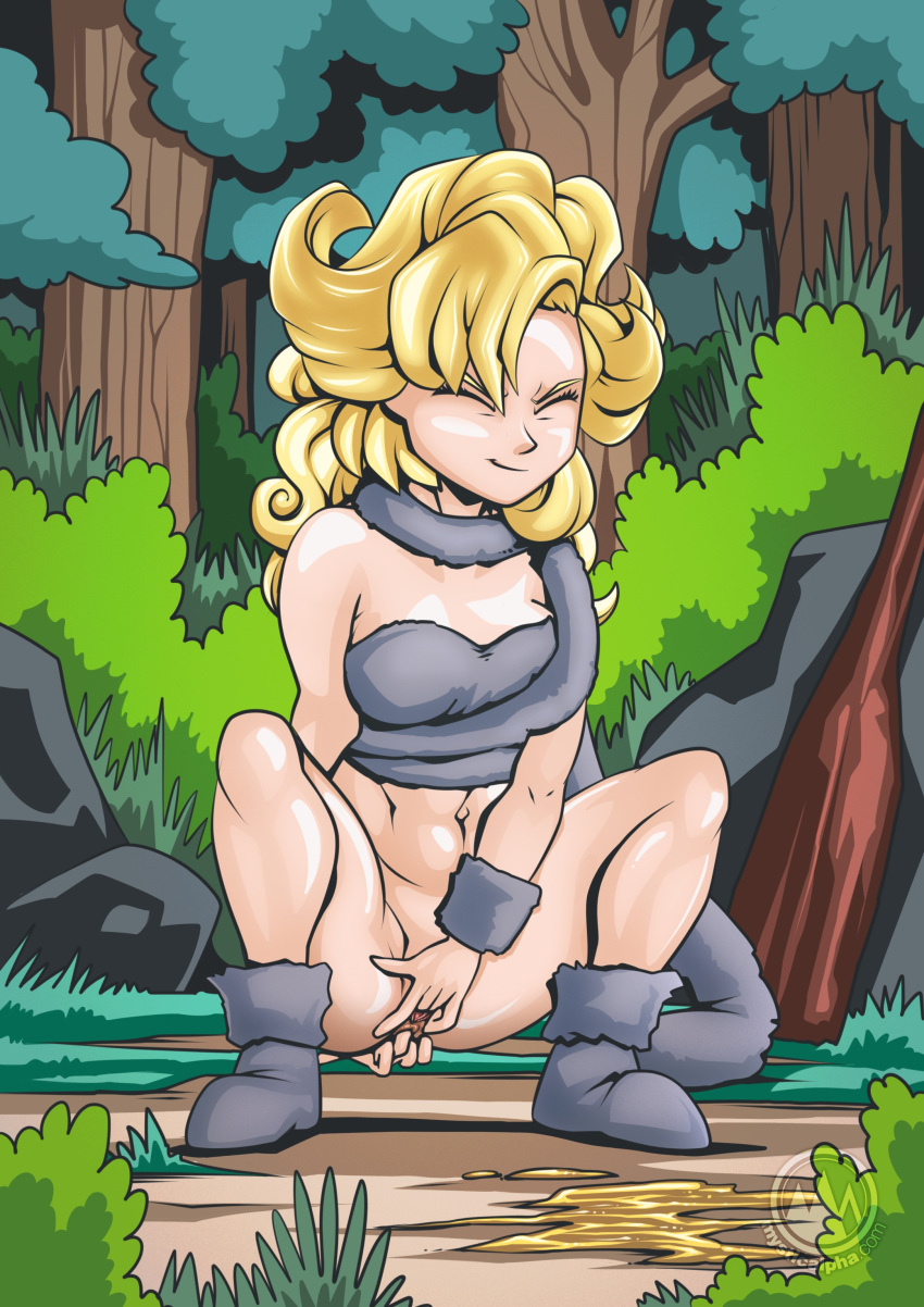 1girls anal_fingering ayla_(chrono_trigger) bottomless bush bushes chrono_trigger commission fingering forest forest_background implied_pee masturbation mysticalpha nature nature_background outdoor_nudity outdoor_pee outdoors outside pee_squat_outdoors peeing peeing_on_ground rock rocks sitting_pee squatting tree trees urination urine urine_pool