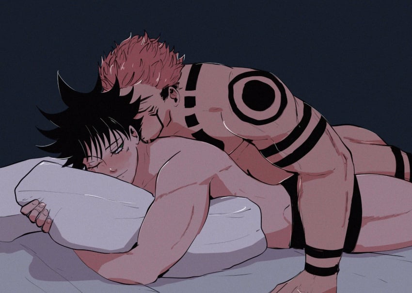 2boys arm_tattoo ass black_hair black_male_underwear blush couple facial_tattoo fushiguro_megumi gay green_eyes indoors jujutsu_kaisen kissing_neck leg_tattoo lying male male/male male_focus male_only male_underwear multiple_boys muscular muscular_male nude_male object_hug on_bed one_eye_closed pillow pillow_hug pink_hair ryoumen_sukuna_(jujutsu_kaisen) short_hair shoulder_tattoo smile spiked_hair sserupiko tattoo undercut underwear yaoi