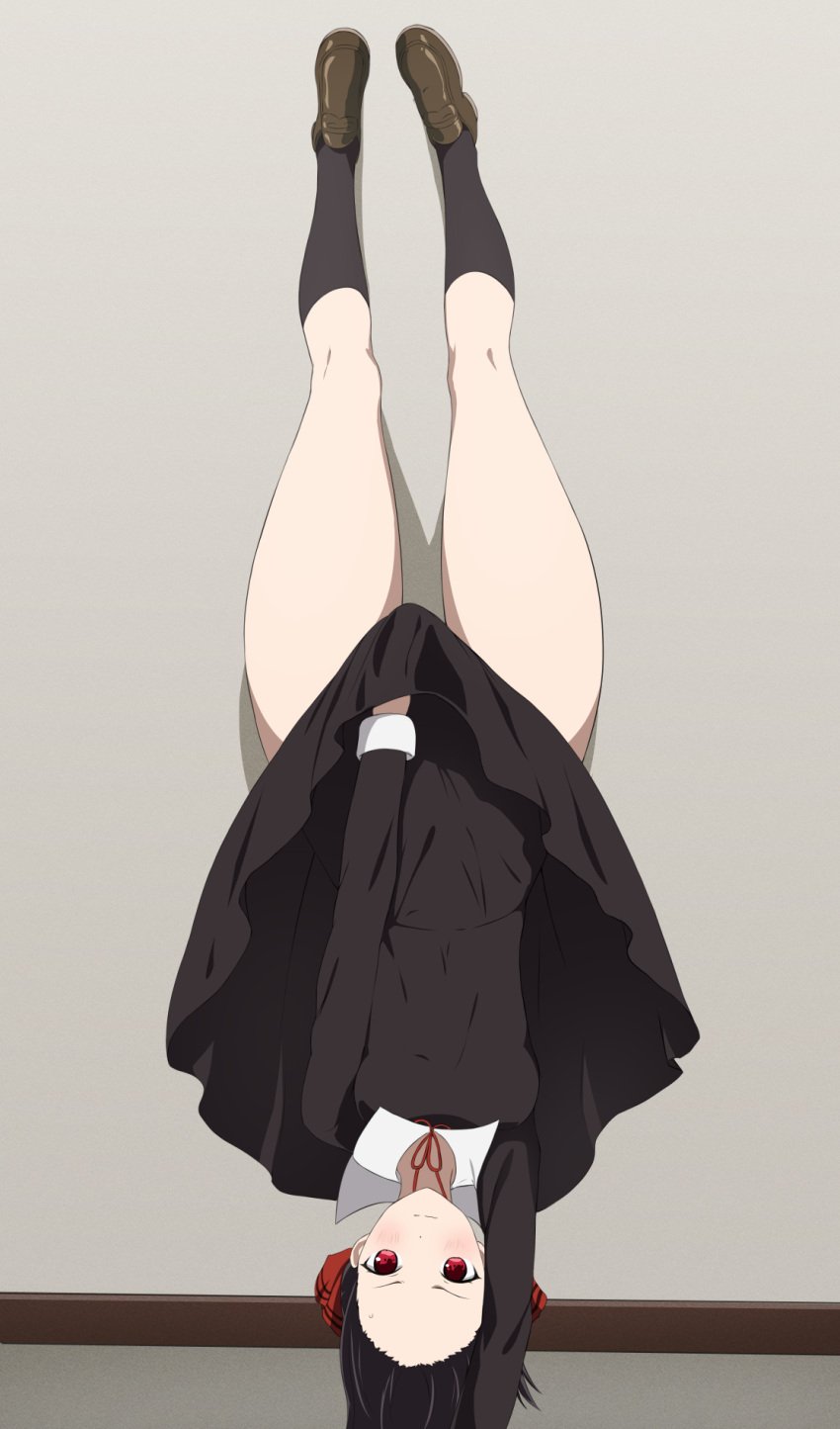 1girls black_hair blush coro_fae eye_contact female female_focus female_only fully_clothed handstand kaguya-sama_wa_kokurasetai_~tensai-tachi_no_renai_zunousen~ looking_at_viewer lycoris_challenge red_eyes school_uniform shinomiya_kaguya skirt solo solo_female thick_thighs thighs