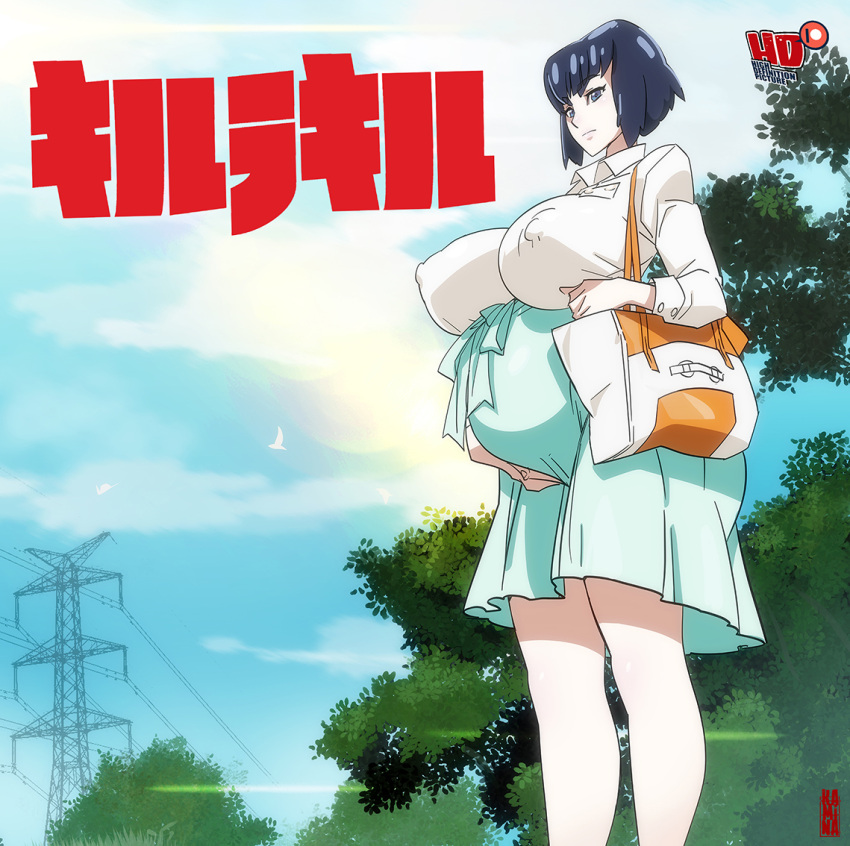 big_breasts black_hair blouse blue_eyes bob_cut erect_nipples_under_clothes expressionless female female_only fully_clothed holding_belly huge_breasts kamina1978 kill_la_kill kiryuuin_satsuki nipple_bulge outside pale-skinned_female pale_skin pregnant short_hair solo standing