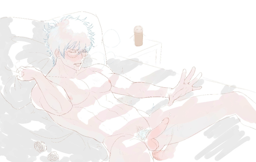 2boys anal anal_sex big_pecs blush breath clenched_teeth closed_eyes colored_sketch completely_nude disembodied_penis erection gay gintama gintoki_sakata glasses justaway male male_only male_pubic_hair not_responding nude on_back on_bed pecs penis pillow_grab pubic_hair sketch solo_focus toned toned_male uncensored used_tissue yaoi