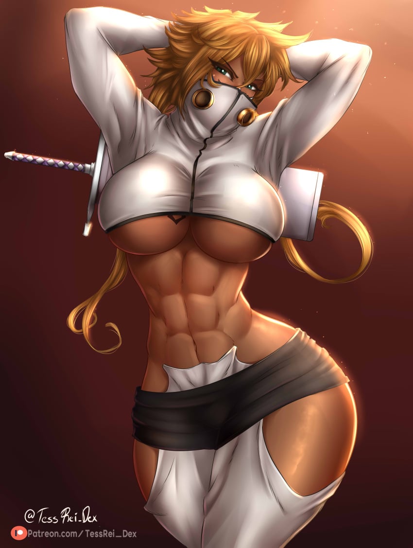 abs absurdres bleach blonde_female blonde_hair breasts covered_mouth dark-skinned_female dark_skin female female_focus green_eyes highres impossible_clothes katana large_breasts long_hair looking_at_viewer muscular muscular_female navel pose revealing_clothes skimpy skimpy_clothes solo sword tattoo tessreidex tia_harribel toned toned_female underboob uniform weapon wide_hips