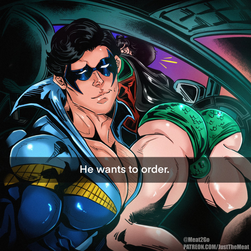 ass ass_eating_shorts batman_(series) bulge caucasian caucasian_male dc dc_comics dick_grayson english_text grundle he_wants_to_order in_car jason_todd justthemeat/meat2go looking_at_viewer male male_only masked meme muscles muscular muscular_male nightwing robin_(dc) robin_(jason_todd) snapchat superhero teen_boy text thick_thighs