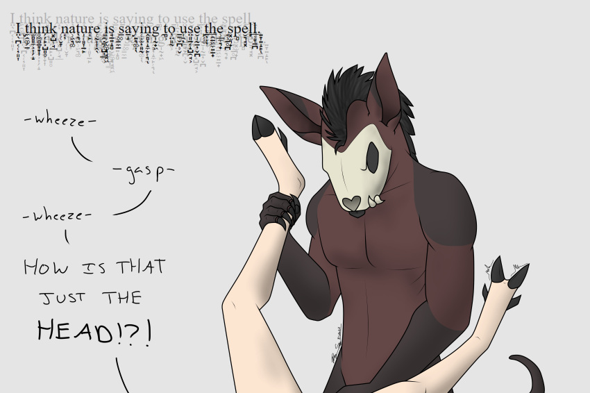 absurd_res ambiguous_gender ambiguous_penetration anthro black_tongue blep bone cloven_hooves crested_stag demon dewclaw_hooves dipstick_ears english_text fur gasping gloves_(marking) hi_res holding_leg hooves just_the_tip looking_down male male/ambiguous mane markings multicolored_ears muscular muscular_male off_screen_sex offscreen_character penetration red_body red_fur sex skull skull_head tan_body tan_fur text tongue tongue_out zalgo_text