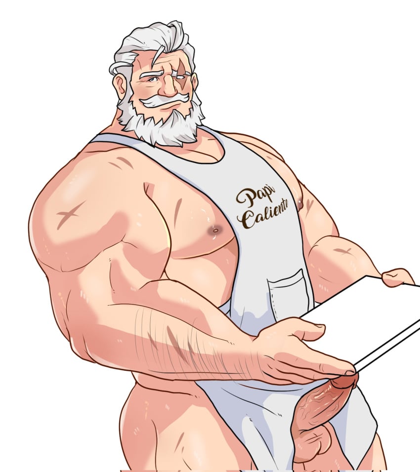 1boy apron_only beefy boner caucasian caucasian_male da_ddy22 daddy dadee dilf erect_penis erection facial_hair hard_on looking_at_viewer male male_only muscles muscular muscular_male overwatch reinhardt small_penis veiny_penis white_hair writing