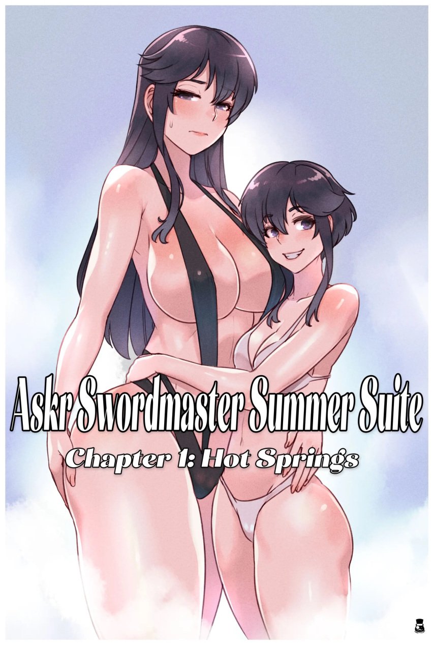 2girls alternate_breast_size ayra_(fire_emblem) black_eyes black_hair chapter_1 doujin doujin_cover english_text fire_emblem fire_emblem:_genealogy_of_the_holy_war fire_emblem_heroes grin larcei_(fire_emblem) large_breasts medium_breasts mother_and_daughter mr.takealook multiple_girls nintendo text thong_bikini white_bikini white_swimsuit