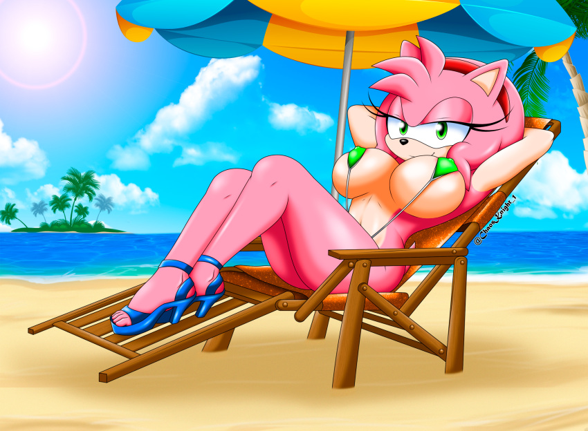 amy_rose anthro areola armpits beach big_breasts bikini breasts chaosknight_1 clothing curvy_figure eulipotyphlan feet female footwear green_eyes hedgehog hi_res high_heels humanoid_feet looking_at_viewer lying mammal multicolored_body palm_tree pink_areola pink_body plant seaside sega sling_bikini smile smiling_at_viewer solo sonic_(series) sonic_the_hedgehog_(series) swimwear tree