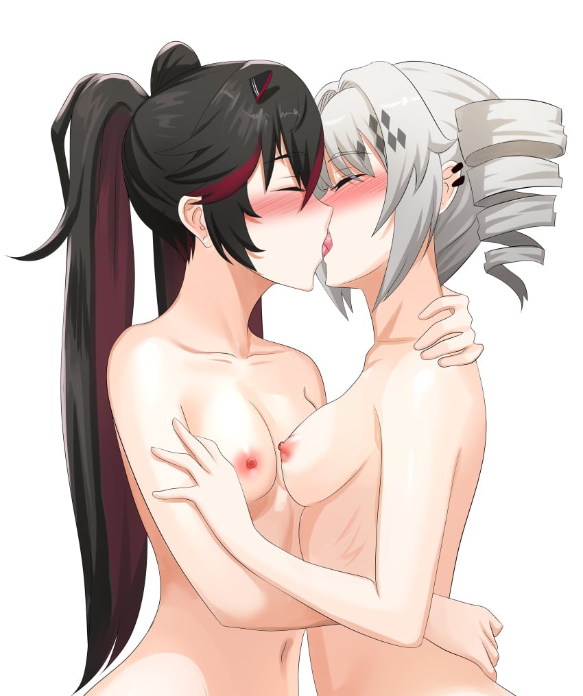 2girls black_hair blush breasts karenina_(punishing:_gray_raven) kissing lucia_(punishing:_gray_raven) multiple_girls nipples nude punishing:_gray_raven tongue tongue_out toybitsdraws twin_drills twintails white_hair yuri