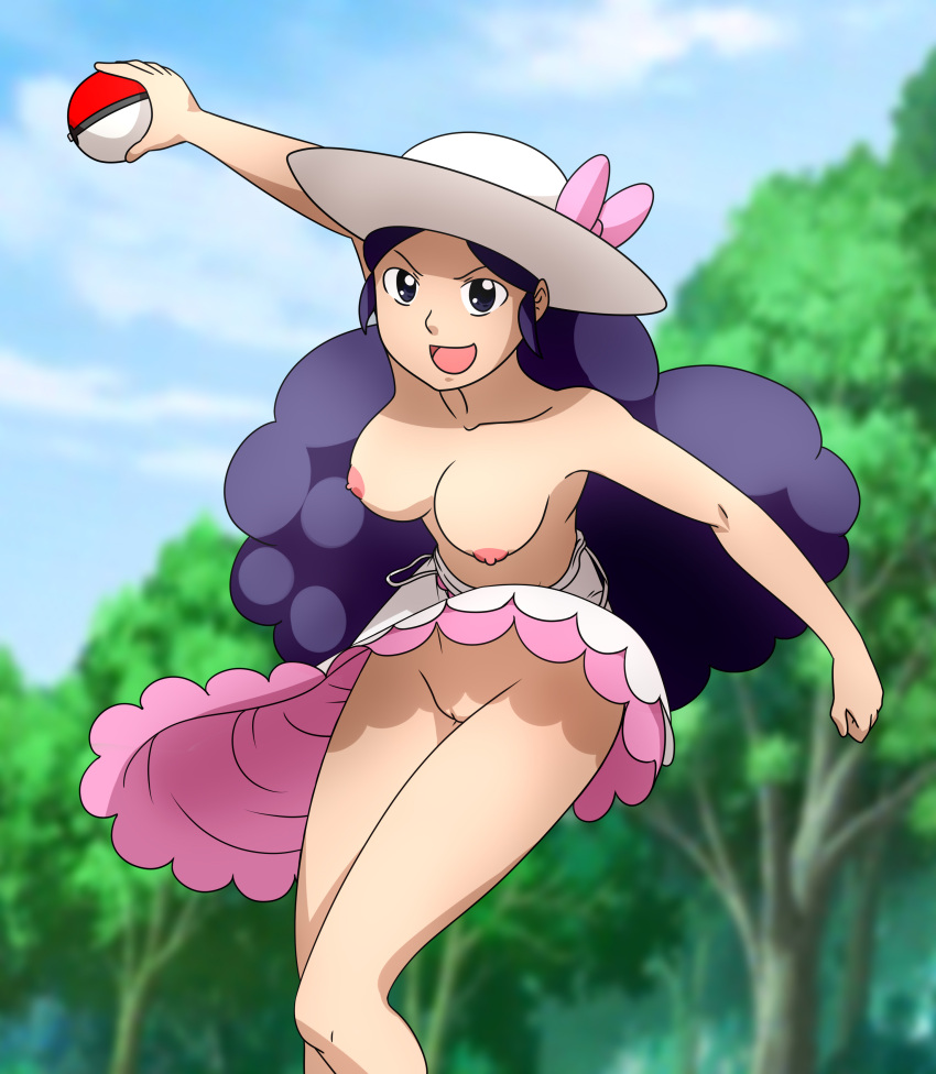 1girls alternate_version_available breasts breasts_out casual_nudity casual_topless dress dress_up female female_only hat lady_(pokemon) lady_(pokemon_dppt) light-skinned_female light_skin misaeldm naked npc_trainer open_mouth pokéball pokeball pokemon pokemon_dppt purple_eyes purple_hair pussy vagina variant