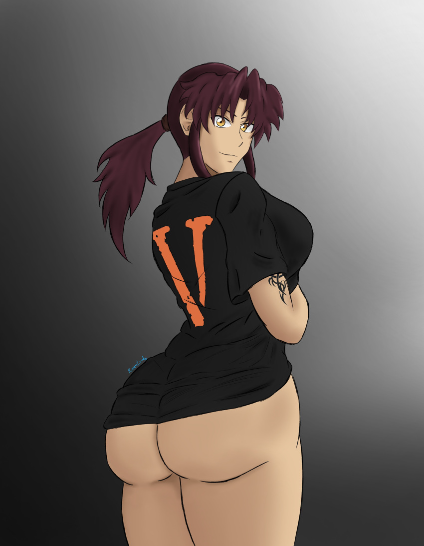 1girl 1girls ass black_lagoon black_shirt bottomless breasts brown_eyes brown_hair clothing dat_ass female female_only from_behind grey_background large_breasts long_hair looking_at_viewer looking_back naked_shirt ponytail purple_hair red_hair revy ryogaslewds shirt solo t-shirt tattoo thighs tied_hair uncensored yellow_eyes